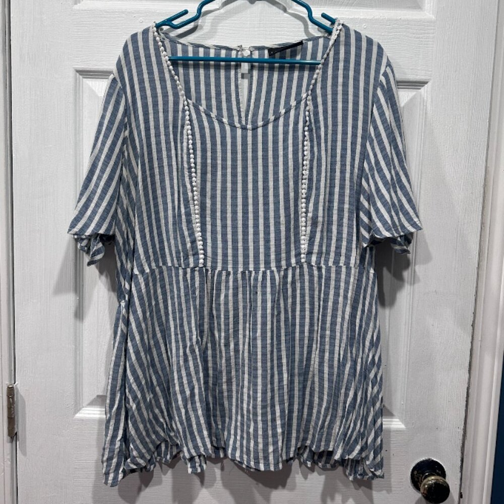 Lane Bryant Striped Babydoll Top w/ Pom Trim